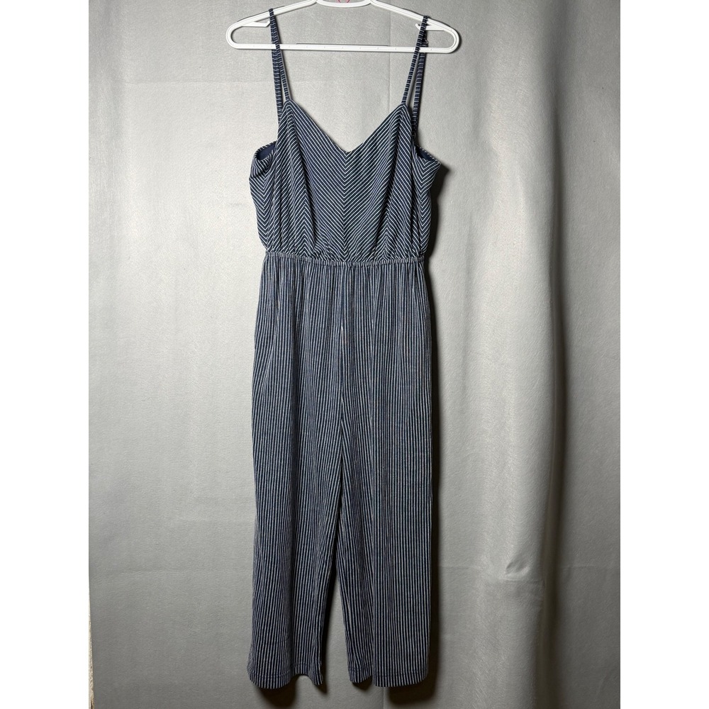 Voy Womens Navy Blue White Striped Tie Back V-Neck Sleeveless Jumpsuit Small
